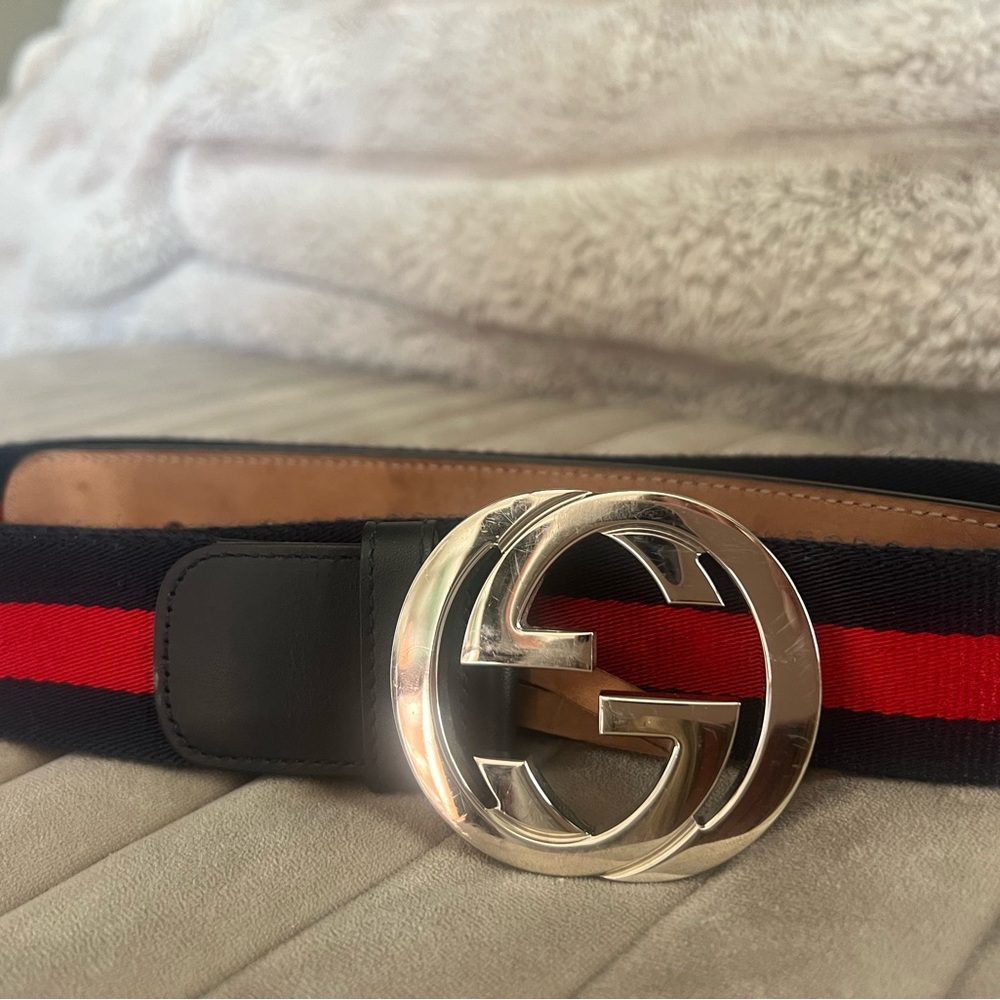 Gucci Navy and Red Belt with Iconic Interlocking G Buckle